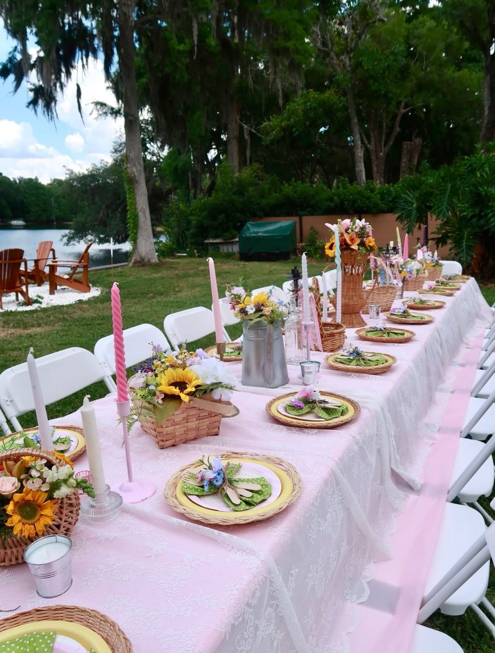 Client's decorated party table using our rented 6-foot tables and white folding chairs